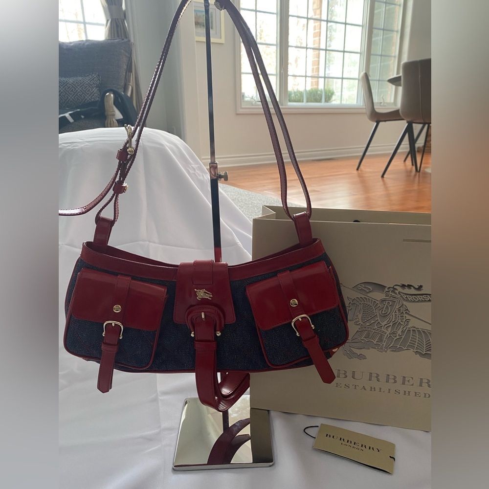 Authentic Burberry Denim and Red Leather Shoulder Bag
